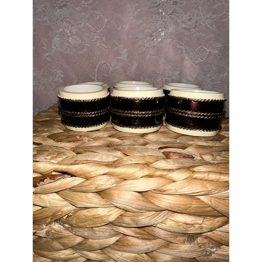 Vintage Cream and Burgundy Napkin Rings with Gold Rope Chain‎ Detail Set of 6